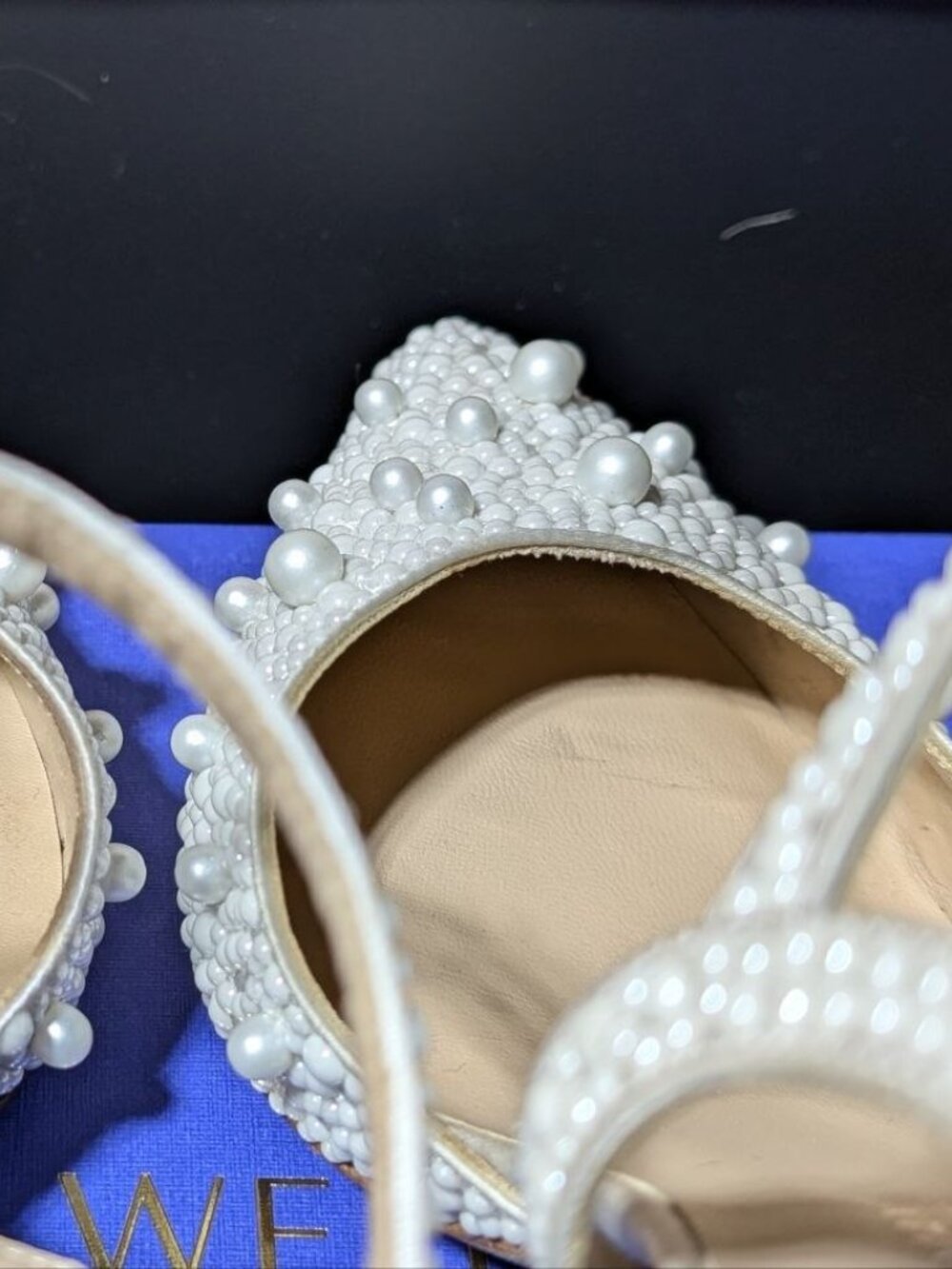 Stuart Weitzman Bliss 85 Pearl-Embellished Satin Pumps Cream/Natural US Size 7.5 - Picture 6 of 16